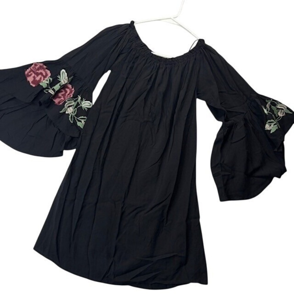 Blue Rain Women's Black Boho Peasant Dress XS Off Shoulder Bell Sleeve Embroided - Picture 2 of 11